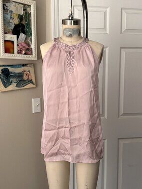 VIOLET & CLAIRE Pale Pink satin Rhinestone Studded High Halter Neck Tank *SMALL*
